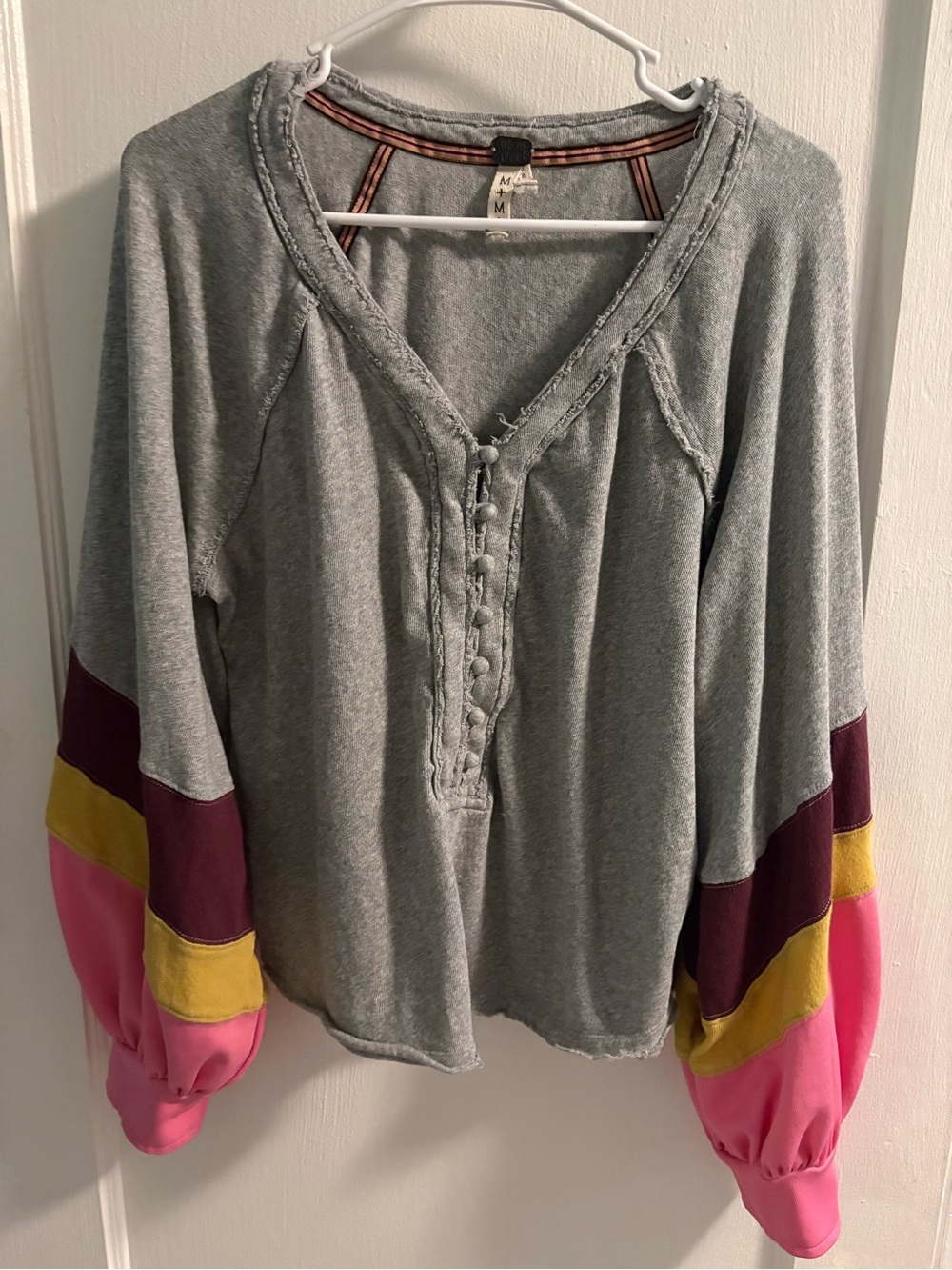 Free People Gray Long-Sleeve Top with Pink, Yellow & Burgundy Sleeve Accents
